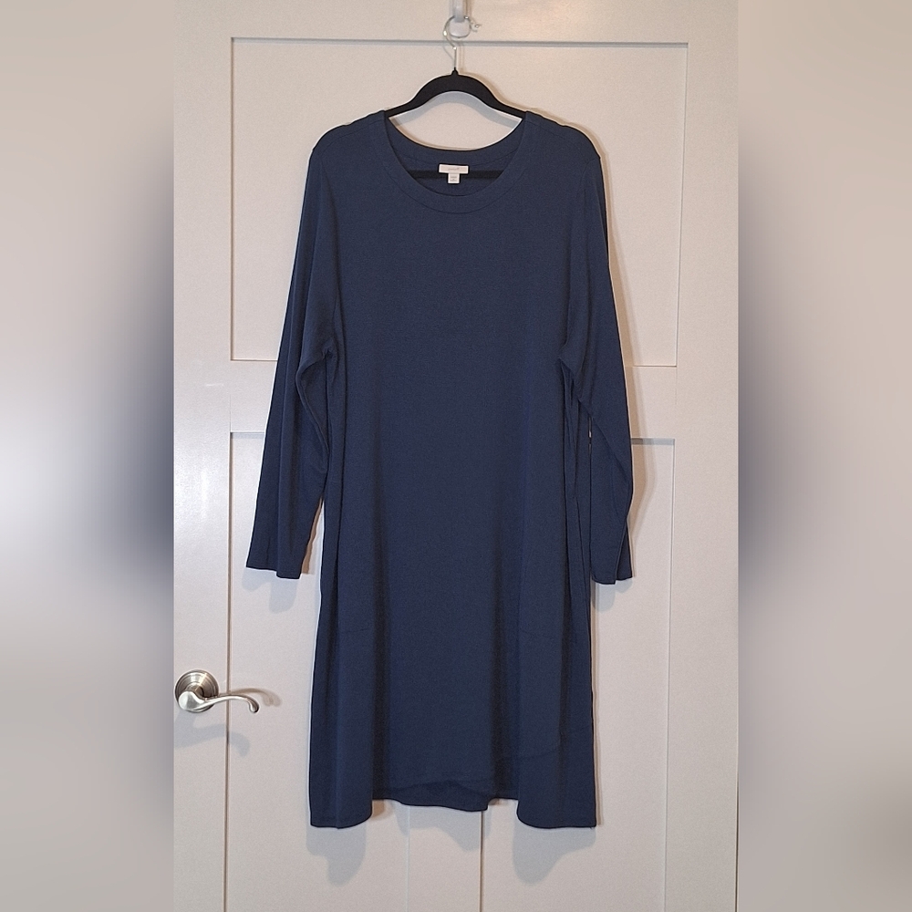 Pure Jill Rayon Stretch Blue Midi Dress Long Sleeves Pockets Size 2X